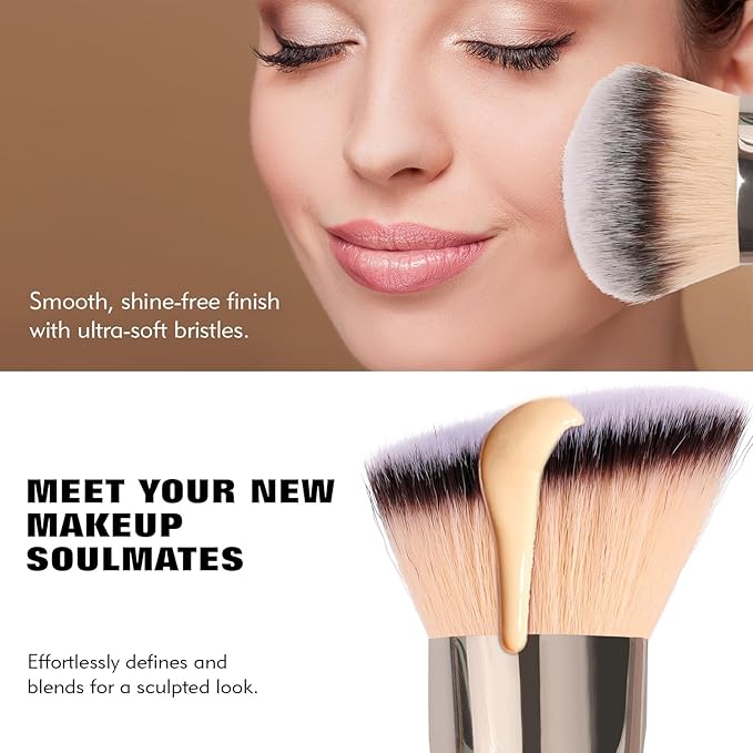 Dual-Ended Foundation Brush: Round & Angled Pro-Grade makeup brushes, 100% Vegan Synthetic Makeup Brush for Flawless Blending and Application of Liquid, Powder, Cream, Blush