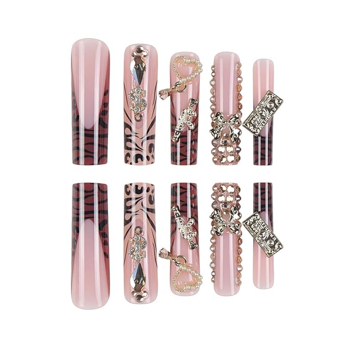 Square Press on Nails Long Fake Nails XL False Nails Extra Long French Tip Glue on Nails Brown Artificial Nails with Bow and Rhinestones Designs Stick on Nails for Women 24pcs