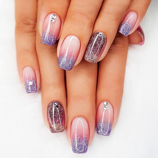 24Pcs Purple Gradient Press on Nails Glossy Silver Glitter Medium Coffin False Nail Ombre Acrylic Full Cover Fake Nails Rhinestones Gel Glue on Fingernail French Stick on Nail for Holiday Manicure Art