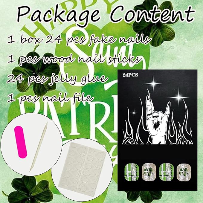 24Pcs St. Patrick's Day Press on Nails Short Square Fake Nails with Four Leaf Clover Glue on Nails Gold Glitter Full Cover False Nails Shamrock Acrylic Nails Irish Stick on Nails Gift for Women