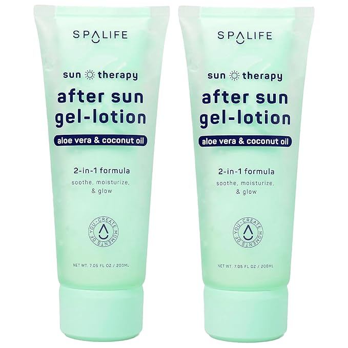 SpaLife After-Sun-Gel Lotion and Moisturizer for Sunburn Refelief - Two in One Formula, Infused with Aloe, Coconut Oil and Hyaluronic Acid - 2 Pack