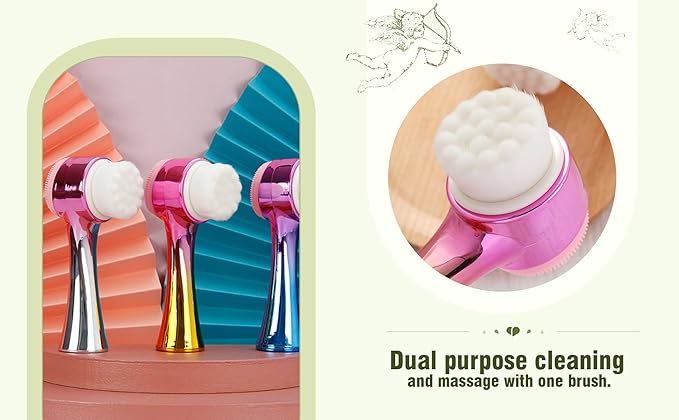 Facial Cleansing Brush 2 in 1Double-Sided Facial Cleaning Brush with Soft Bristles for Deep Pore Exfoliation, Wash Makeup, Massaging (Silver)
