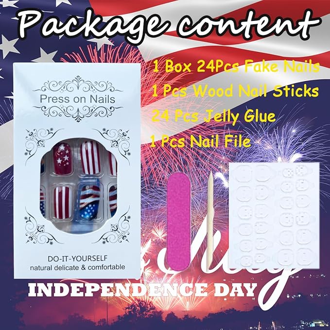 Independence Day Press on Nails Short Square Fake Nails with Flag Eagle Fireworks Stripe Design Full Cover Glue on Nails Red Blue Glossy Acrylic Nails for Women Girl 4th of July Nails Decoration 24Pcs