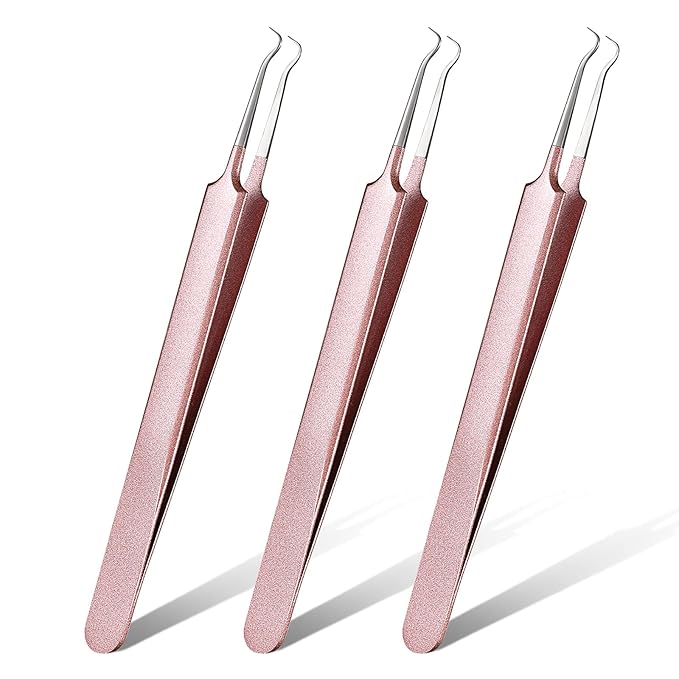 Honoson 3 Pcs Blackhead Tweezer Stainless Steel Pimple Tweezers Extractor Tool for Remove Zit Whitehead Pimple Bend Curved Tweezer Skin Blackhead Remover Tools(Champagne Purple)