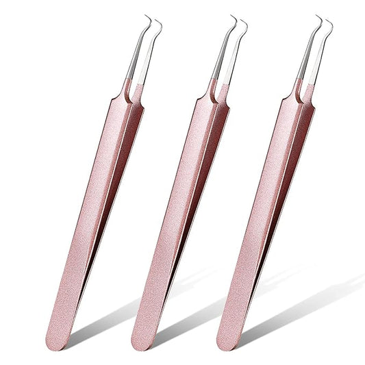 Honoson 3 Pcs Blackhead Tweezer Stainless Steel Pimple Tweezers Extractor Tool for Remove Zit Whitehead Pimple Bend Curved Tweezer Skin Blackhead Remover Tools(Champagne Purple)