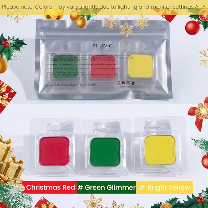3-Color Eyeshadow Combo Pack – Christmas Red Green Glimmer Bright Yellow, Matte & Shimmer Neutral Shades,Powder, Highly Pigmented, Refills Pans for Custom Magnetic Palette