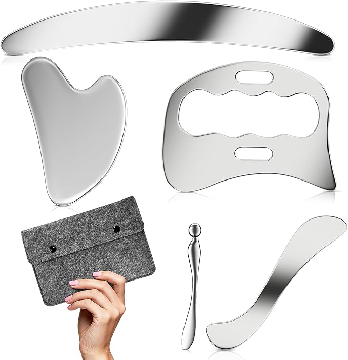 5 in 1 Muscle Scraper Tools Kit - Stainless Steel Gua Sha Massage Tools for Physical Therapy, Derma Edge Scraping for Face & Body, 5 PCS Guasha Set for Deep Tissue & Relaxation（5 PCS）