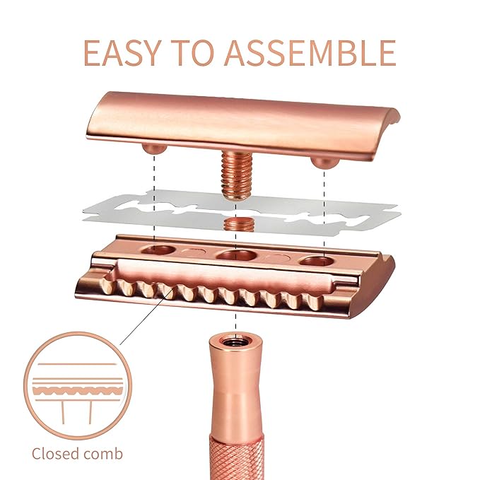 Bambaw Safety Razor for Women with 5 Double Edge Blades, Double Edge Razor, Single Blade Razors for Women and Men, Reusable & Plastic Free – Rose Gold