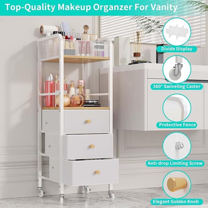 HapiRm Rolling Makeup Cart Organizer - Floor Skincare Make Up Storage with 3 Drawers, Vanity Organizer Cosmetic Display Cases Holder for Skin Care Perfume Nail Polish Brush Hair Tool