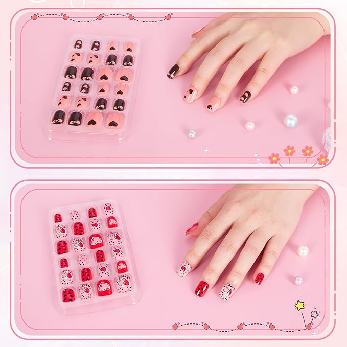 krofaue Press on Nails for Kids - 96pcs 4 Pack Children Fake Nails Kids Girls Stick on Nails for Kids Full Cover Cute Pre-Glue Acrylic Fake Fingernails Kits Sets Little Girls Short Nail Decoration