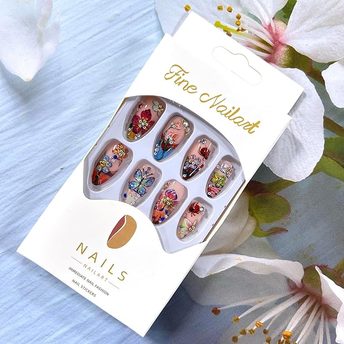 CJDLTSFlower 3D Press on Nails Medium Length Coloful Floral Butterfly Pattern Design Rhinestones Acrylic False Nails French Tip Artificial Stick on Nail 24Pcs Press Ons Blossom Glue on Nails