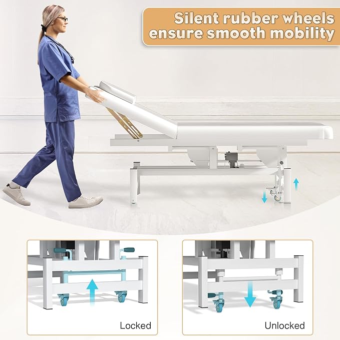 Electric Lift Massage Physical Therapy Table with Adjustable Backrest, Lockable Wheels, 4'' Think Premium Foam, 1500Lbs Capacity Professional Electric Massage Bed Commercial Home Use, White