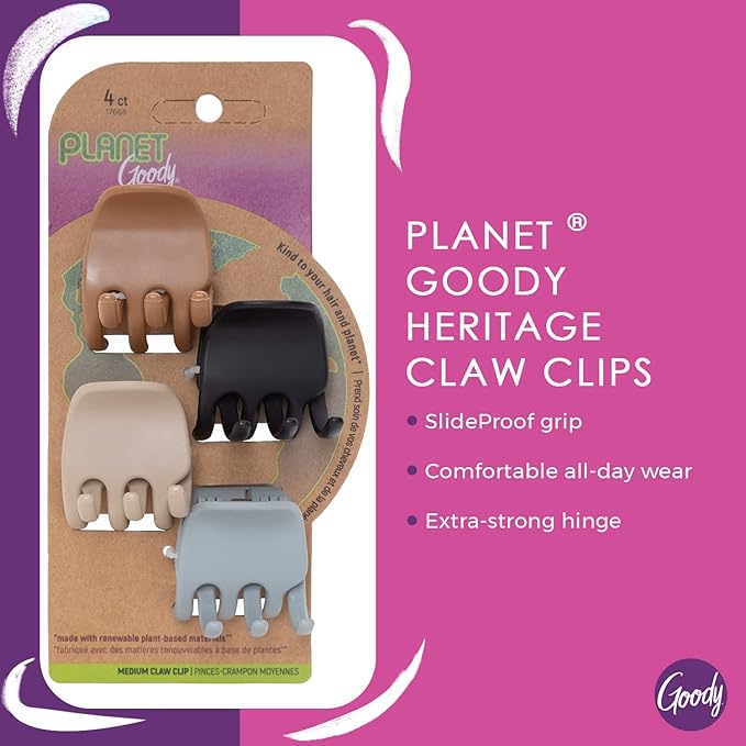 Planet Goody Heritage Medium Claw Clips - 4-Pack, Assorted Neutral Colors- For Easily Pulling Up Your Hair - Pain-Free Hair Accessories For Women, Men, Boys & Girls (Pack of 2)