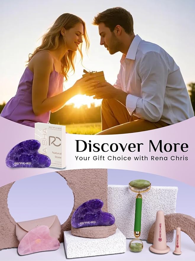 Rena Chris Gua Sha Facial Tools: Natural Amethyst Guasha Tool for Face Acupuncture Therapy, Facial Massager for Jawline Sculpting and Puffiness Reducing (Purple)