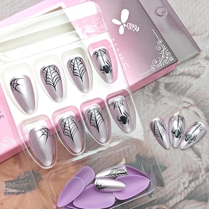 24Pcs Halloween Press on Nails Short Pink Chrome Fake Nails Almond Shaped Black Spider Web Full Cover Glitter Glue on Nails Goth False Nails Artificial Reusable Stick on Nail for Women Acrylic Salon