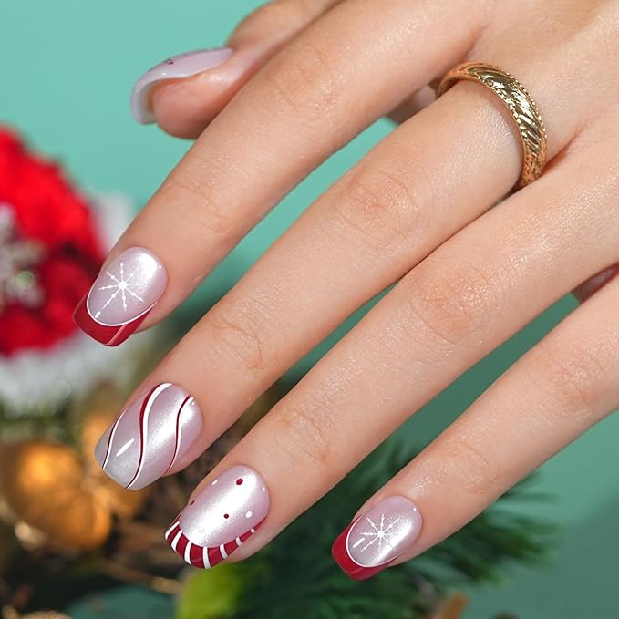 Christmas Press On Nails Short - Jofay Fashion Cat Eye Press On Nails Square, Red Candy Cane Fake Nails with Glue, Glossy Reusable Acrylic Nail Tips in 16 Sizes, Stick On Nails for Women Girls Gift