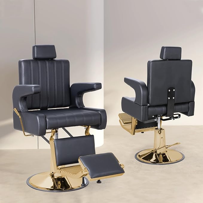 FHFO Barber Salon Hair Chairs for Barbershop, Hydraulic Barber Chair 360° Swivel Reclining, Adjustable PU Leather Beauty Salon Chair for Barbershop Spa Black/Gold