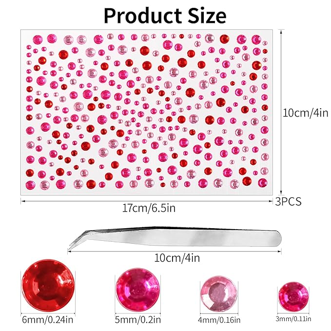 975Pcs Face Gems Hair Gems, Self-Adhesive Face Jewels Eye Jewels Rhinestones 3/4/5/6 mm DIY Face Gems Stick on, Hair Body Rhinestones Gems Crystals Pearls for Face Makeup, Crafts (gem_red+Pink+Rose)
