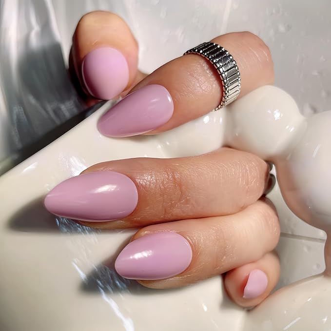 30PCS Short Almond Press on Nails – Pink Purple Fake Nails with 15 Sizes, Soft Back Edge & Durable Tip, No Measuring Needed, Reusable Stick-On Nail Tips for Women