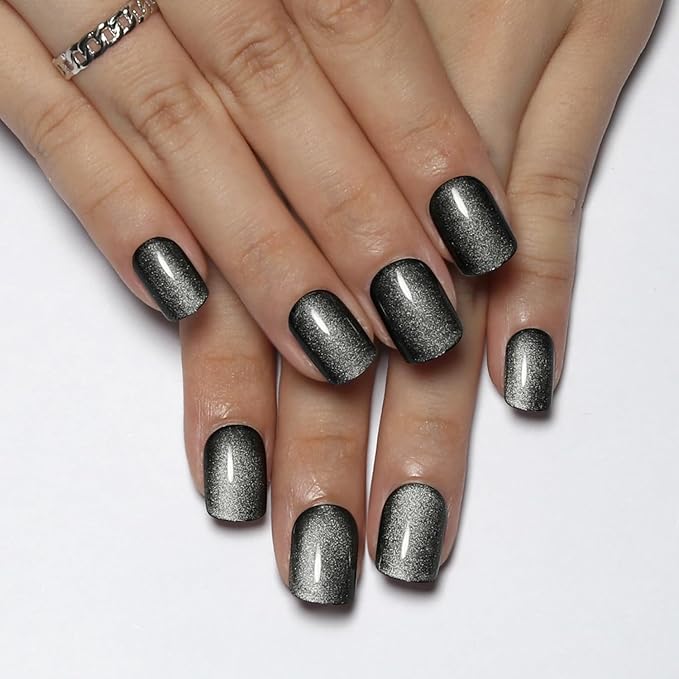 Short Square Press On Nails White to Grey Gradient Cat Eye Press on Nails with Glue for Women Ashionable Gel False Nails Reusable Acrylic False Nails Glue On Nails Kit, water gloss white