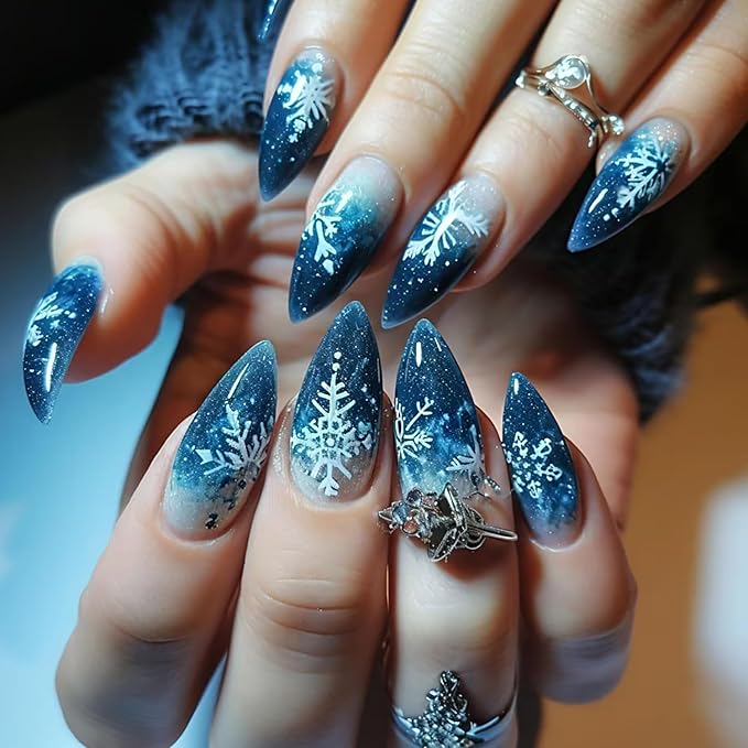 Snowflake Press on Nails Medium Almond Fake Nails Gradient Blue Full Cover Winter False Nails Christmas Glue on Nails White Snow Artificial Acrylic Nail for Women DIY Christmas Nails Decoration 24Pcs