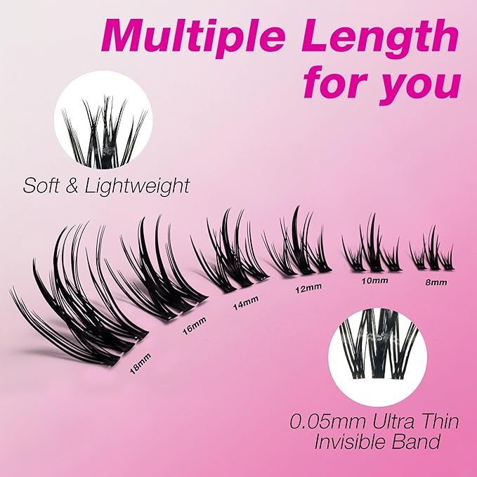 VEYESBEAUTY Lash Clusters Kit Eyelash Extensions Thin & Invisible Band Individual False Eyelashes Newbie's Five-Second Series Wispy Lash Tray for Self-application, Camellia Lashes 8-18mm Mixed Length