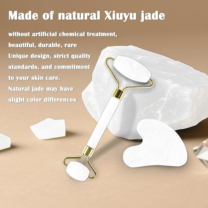 Jade Roller Gua Sha Tools - Nature Gua Sha Facial Tool Skin Tightening Face Massager Anti-Aging Jade Face Roller Puffiness Reducing Guasha Stone for Women Men (White)