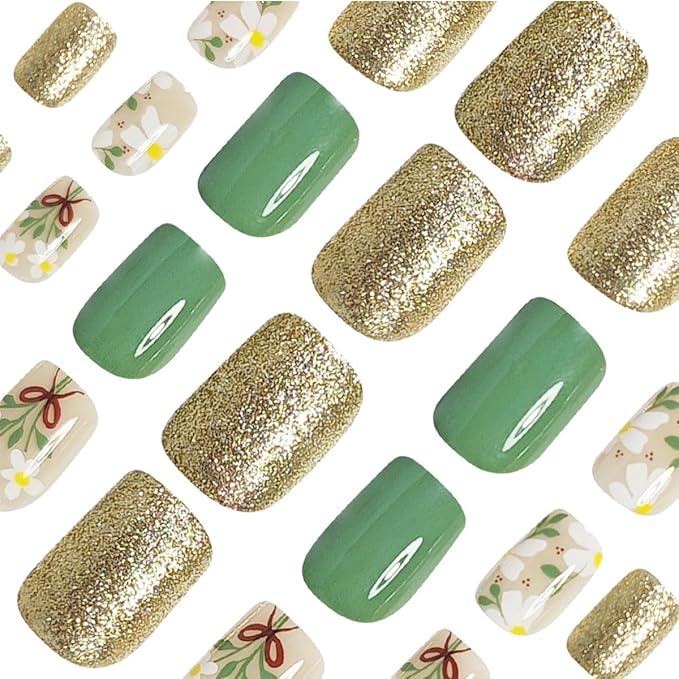 24pcs Short Press on Nails Square Fake Nails Cute Flowers Glue on Nails with Gold Glitter Design Green Full Cover False Nails Spring Summer Stick on Nails for Women Girls Glossy Acrylic Manicure Salon