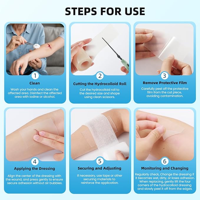 Hydrocolloid Roll for Wound Care, 2in x 16ft Large Medical Grade Hydrocolloid Bandages Patch with Self-Adhesive, Cut-to-Size, Ultra Absorbent, Flexible & Waterproof for Acne, Burn, Blister