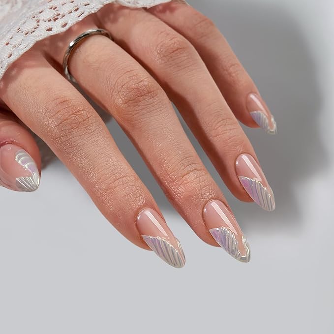 BTArtbox French Tip Press On Nails - Lamp-Curable 3D Sculpting Medium Almond Press On Nails with Glue for Women, Semi-Transparent Soft Gel Glue On Nails in 15 Sizes - 30 Stick On Nails Kit, Starlet