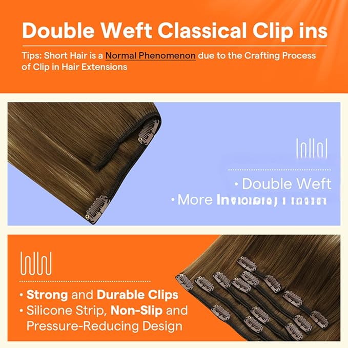 Full Shine Clip in Hair Extensions Human Hair Brown Balayage to Ash Brown Mix Honey Blonde And Lightest Blonde Straight Human Hair Extensions Clip ins 20 Inch Double Weft Clip in Extensions 120 G