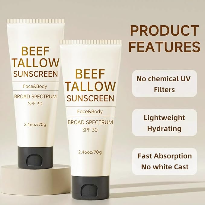Tallow Sunscreen, Sunscreen for Face, SPF30 Natural Reef Safe Face Body Beef Tallow Sunblock, Non Greasy Clean Travel Sun Screen Sunblock for Summer Outdoor Travel, 2.46 OZ