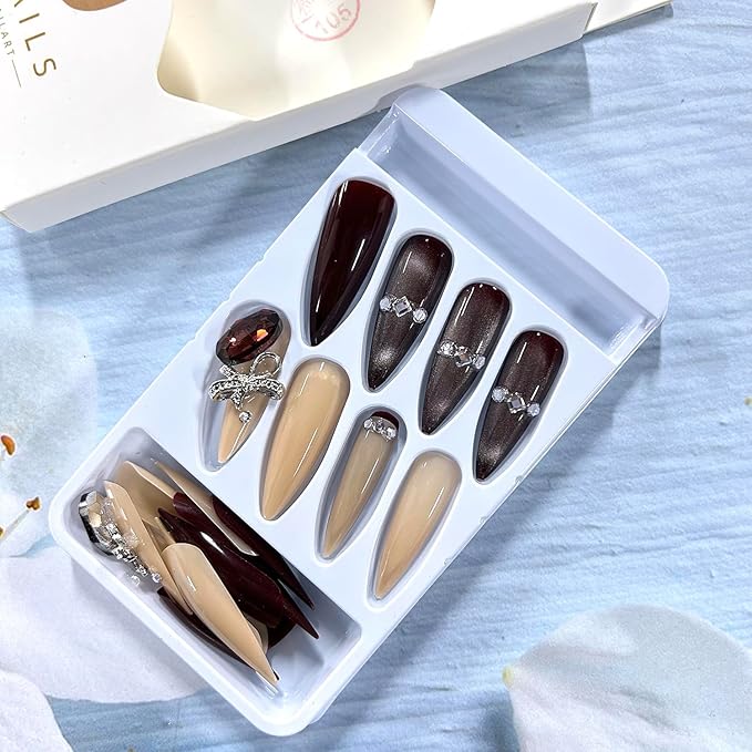 Rhinestones Press on Nails Long Length Purple Cat Eye Almond Tip Acrylic Fake Nail Full Cover Handmade Artificial Fingernails 24Pcs DIY Reusable Press Ons Artificial Stick on Nails for Women