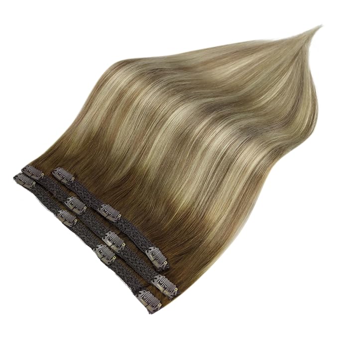 Full Shine Ombre Clip in Extensions Medium Brown to Ash Brown Mix Dirty Blonde 18 Inch Straight Clip in Hair Extensions Real Human Hair Invisible Lace Weft Clip ins Balayage Real Hair Extensions