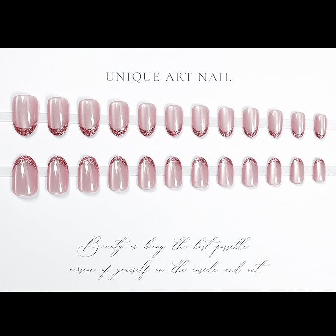 Short Almond Press on Nails French Tip Nude Pink Fake Nails Cat eye Glitter Stick on Nail for Women 24pcs