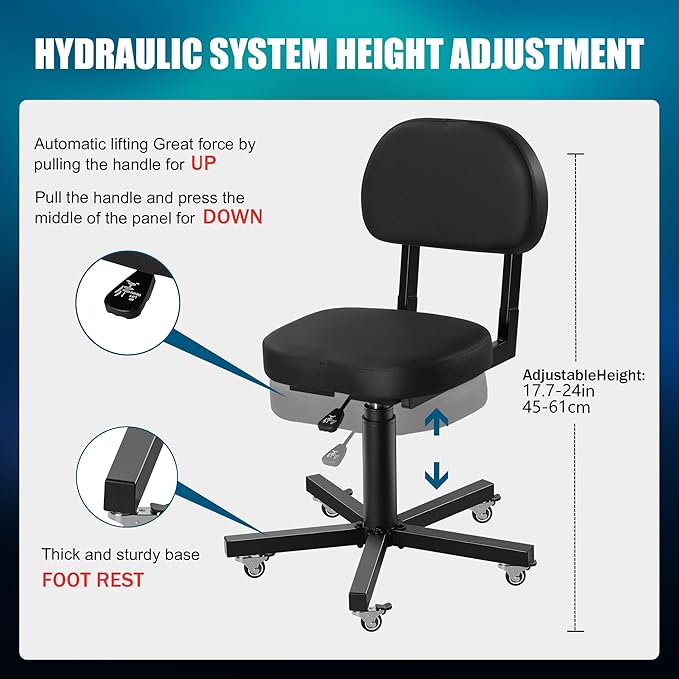 Poarmeey Rolling Stool with Back Support Tattoo Chair for Artist Salon Black Adjuestable Swivel Stool with Backrest for Work Spa Shop Home Massage Use