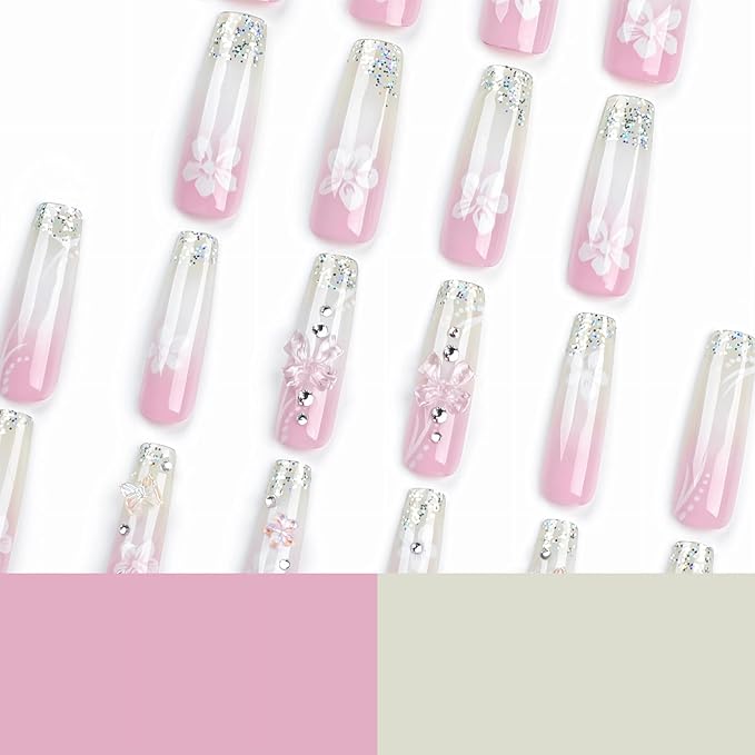 BABALAL Pink Press on Nails Long Square Fake Nails Glitter French Tip Glue on Nails 3d Bow Heart Rhinestone Star Charm Flower Shiny Luxury Acrylic Nails 24Pcs Squoval Flower Nails Press on