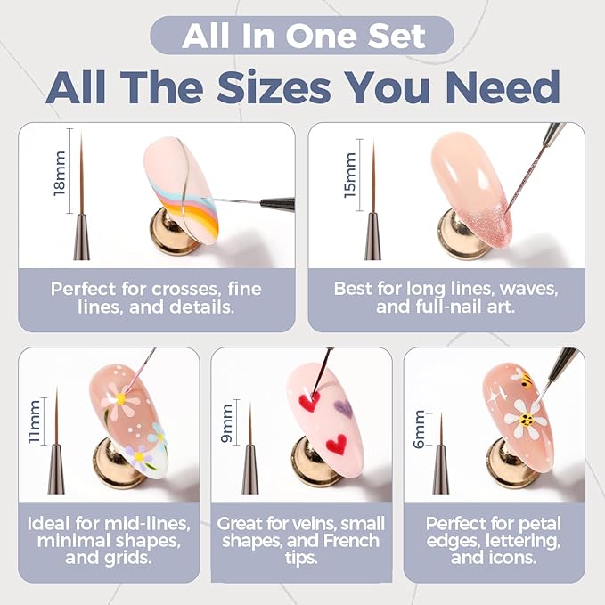 UNA GELLA Nail Art Brushes Metallic, Liner Pens 5Pcs Set For Nail Art Gel Polish, Gray Color, Detail Nail Art Design Painting Brush Set For Nails Gel Fine Drawing Nail Tools, 6/9/11/15/18mm Sizes