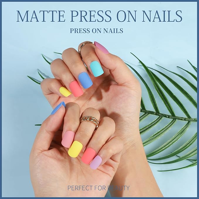 Teenitor 24Pack Short Press On Nails, 576Pcs Short Square Press On Nails, Matte Glossy Glitter French Nails, 12 Sizes Fake Nails With Glue