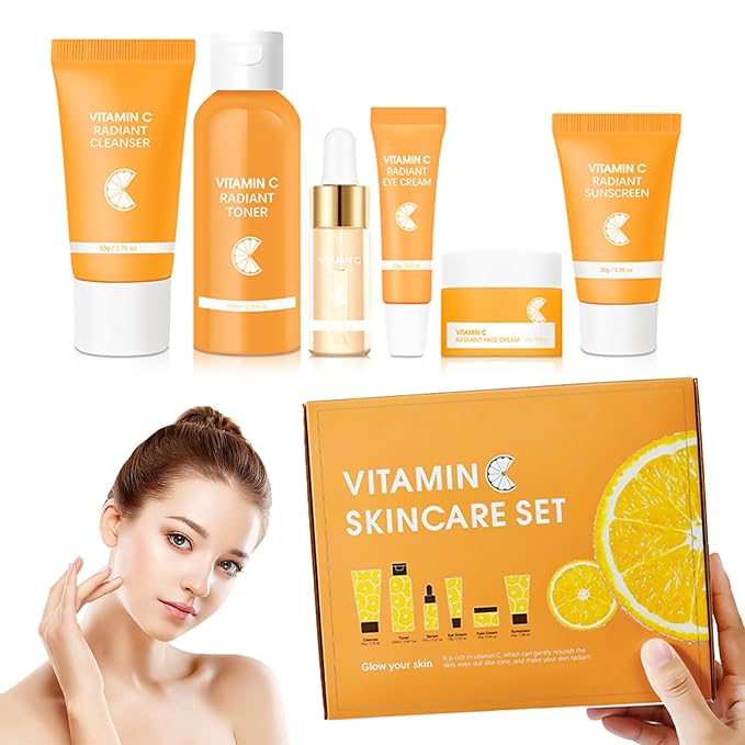 6 Pcs -Vitamin C Skincare Set for Face - with Cleanser, Serum, Eye Cream, Moisturizer, Sunscreen & Toner | Brightening, Hydrating& Anti-Aging,Perfect for Teens & Girls,Moisturizing Face Skin Care Kit