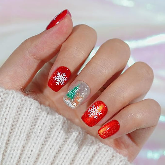 Christmas Press on Nails Short, Jofay Fashion Red Press on Nails, Fake Nails with Snowman, Xmas Tree and Elk Designs, Reusable Acrylic Cat Eye False Nails Glue on Nails Kit 32 Pcs