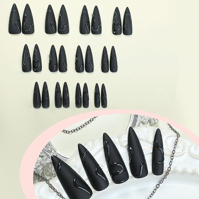 IMRAIN Black Press on Nails Long Stiletto Fake Nails Full Cover Glue on Nails Glossy 3D Snake Artificial Matte Acrylic Stick on False Nails for Women 24Pcs