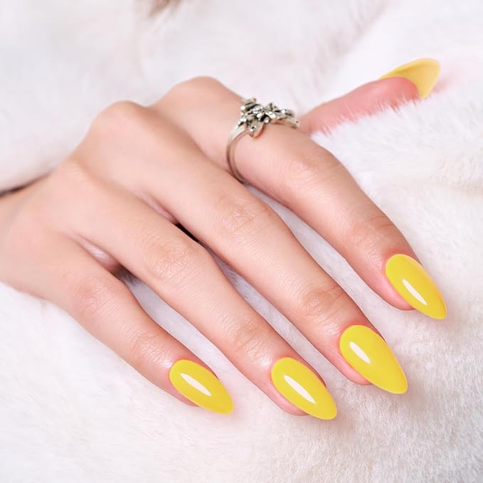 Wooyas Press on Nails Almond, Medium Jelly Yellow Handmade Gel Fake Nails, Neon Reusable Salon Perfect Glue on Nails in 12 Sizes - 24 Pcs Soft Gel Glue On Nails Kit for Women Girls