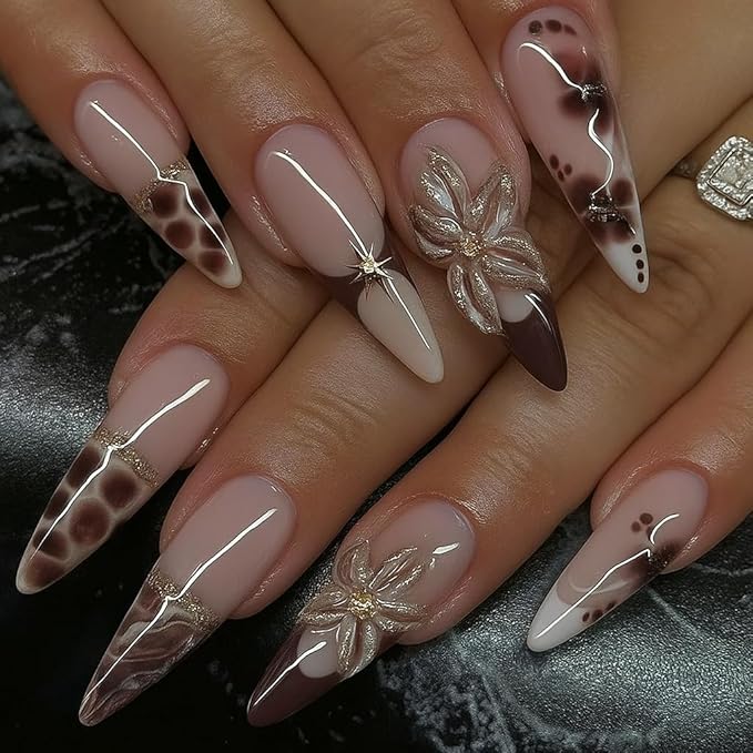 Long Almond Press on Nails Nude Pink Brown Fake Nails Leopard Print Luxury Artistic Nail Decorations Stick on Nail for Women 24pcs