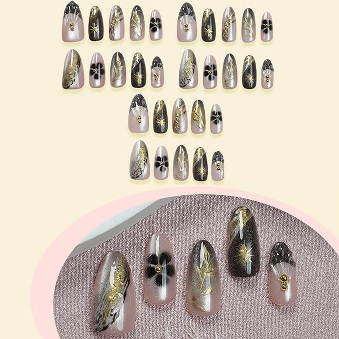IMRAIN Press on Nails Medium Almond Fake Nails Black Ombre & Cat's Eye False Nails Full Cover Acrylic Glue on Artificial Nails Glossy Stick on Nails for Women Girls DIY Manicure 24Pcs