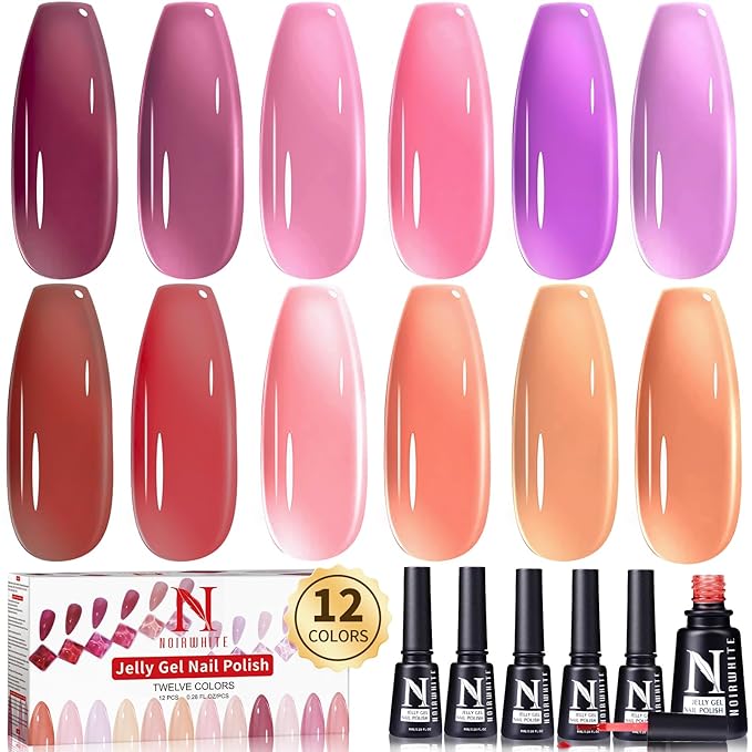 Jelly Gel Nail Polish Set, 12 PCS Autumn Sheer Nude Pink Jelly Nail Polish Gel Neutral Nail Art Design Korean Trend Icy Transparent Gel Nail Polish Kit UV LED Soak Off Gel Polish