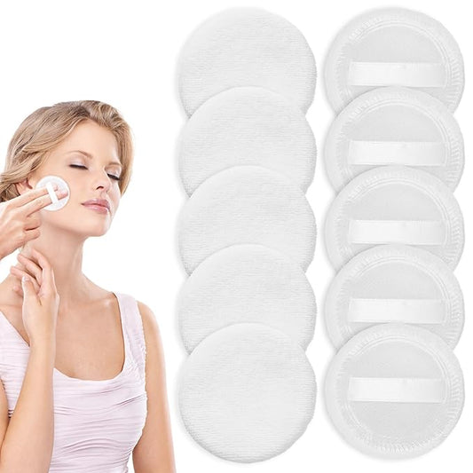 10Pcs 100% Cotton Round Dusting Powder Puff, White Round Velour Makeup Powder Puff, 2.4 Inch Soft Velour Foundation Puffs, Body Face Powders Puffs with Ribbon for Loose and Foundation