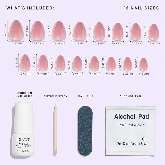 Lilac St - Press on Nails, Afterglow (30 Nails, 15 Sizes) - Short, Almond, Pearl + Glossy, Opaque - Brush-On Nail Glue, Nail File, Cuticle Stick, Prep Pad - Cruelty Free, Vegan, Women Founded