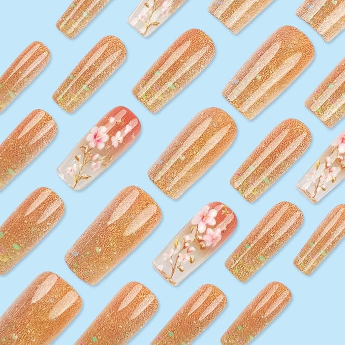 Medium Press on Nails Square Fake Nails Floral False Nails Sparkly Artificial Nails with Flowers Designs Stick on Nails for Women 24pcs