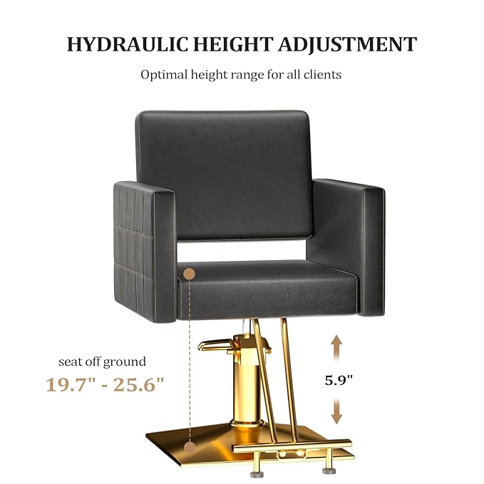 mefeir Black and Gold Barber Chair Hair Salon Chair with Heavy Duty Hydraulic Pump, Square Base, Stainless Steel Footrest,Styling Chair for Beauty Spa Hairdressing Braiding